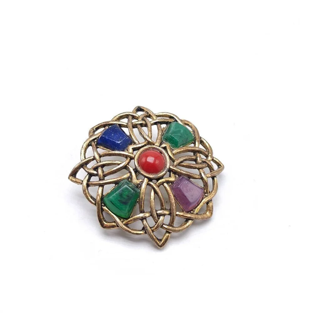 Vintage Sol D'or Celtic Knot Brooch With Multicolor Stones Gold Tone Pin